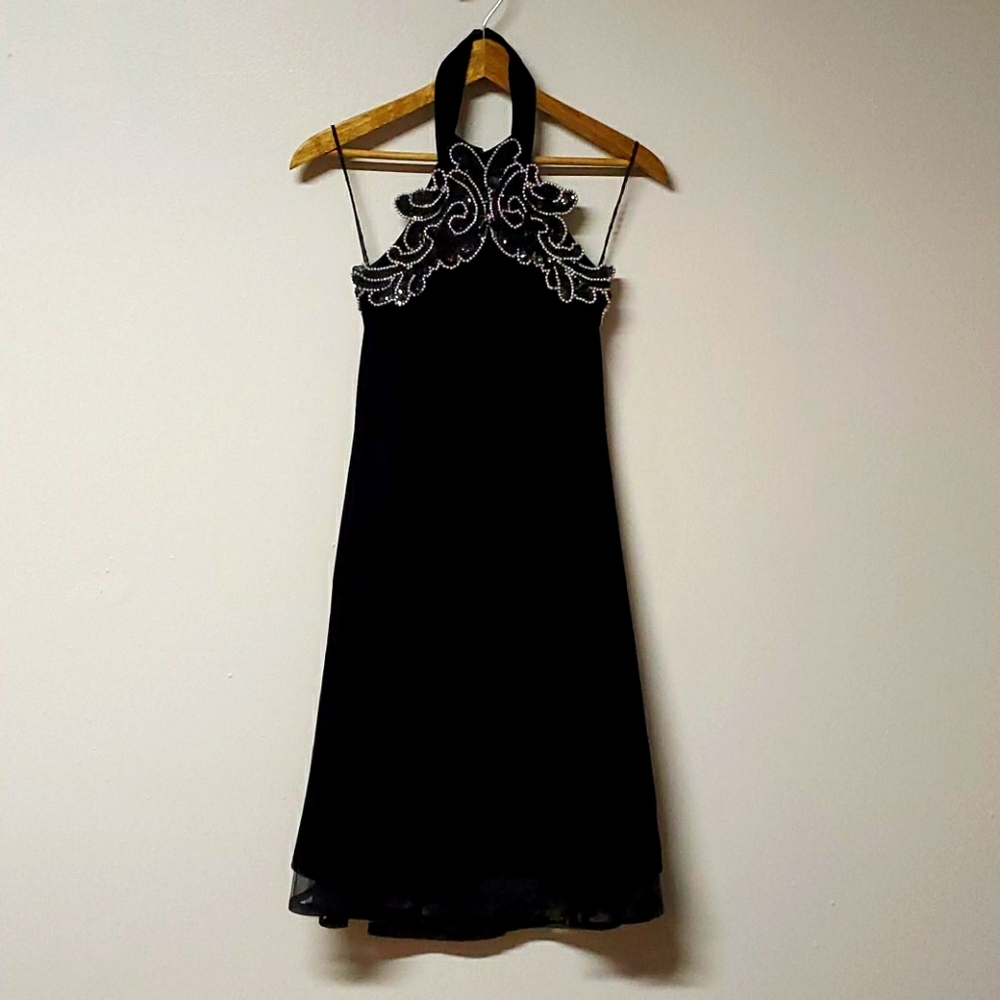 Vintage 90s Formal Black Velvet Backless Sequin Halter Flair Dress